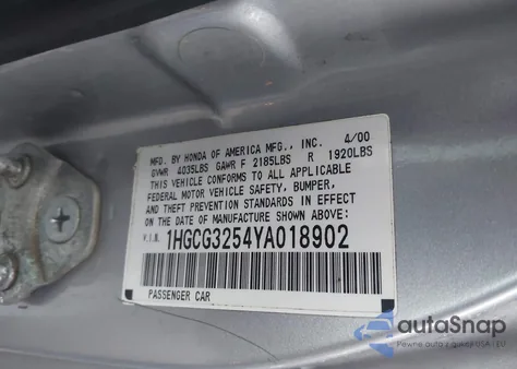 2000 Honda Accord Ex z USA, uszkodzony, nr VIN 1HGCG3254YA018902